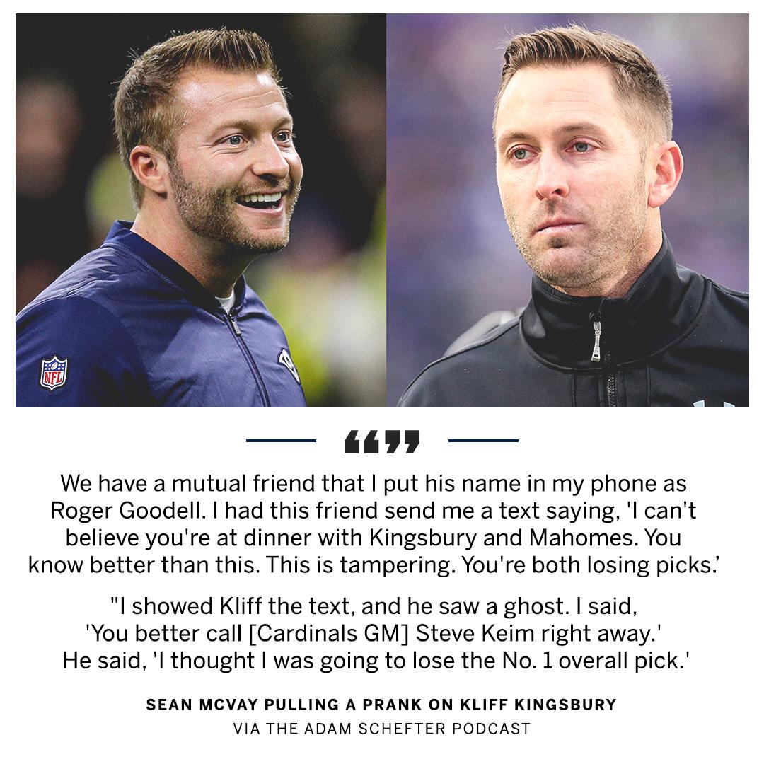 espn's tweet photo. Sean McVay pulled the ultimate prank on rookie coach Kliff Kingsbury 😂 (via @AdamSchefter) https://t.co/iOVUNWcvBW
