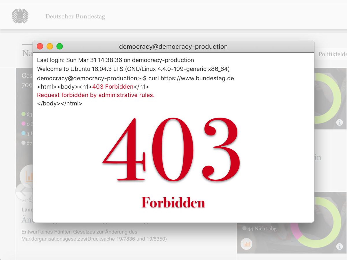 +++ Kurzer Hinweis an die Community +++
Bundestag.de blockiert seit ungefähr einer Woche unsere IP und verhindert damit die Scraperzugriffe auf die Namentlichen Abstimmungsergebnisse.
Die Spiele haben begonnen…