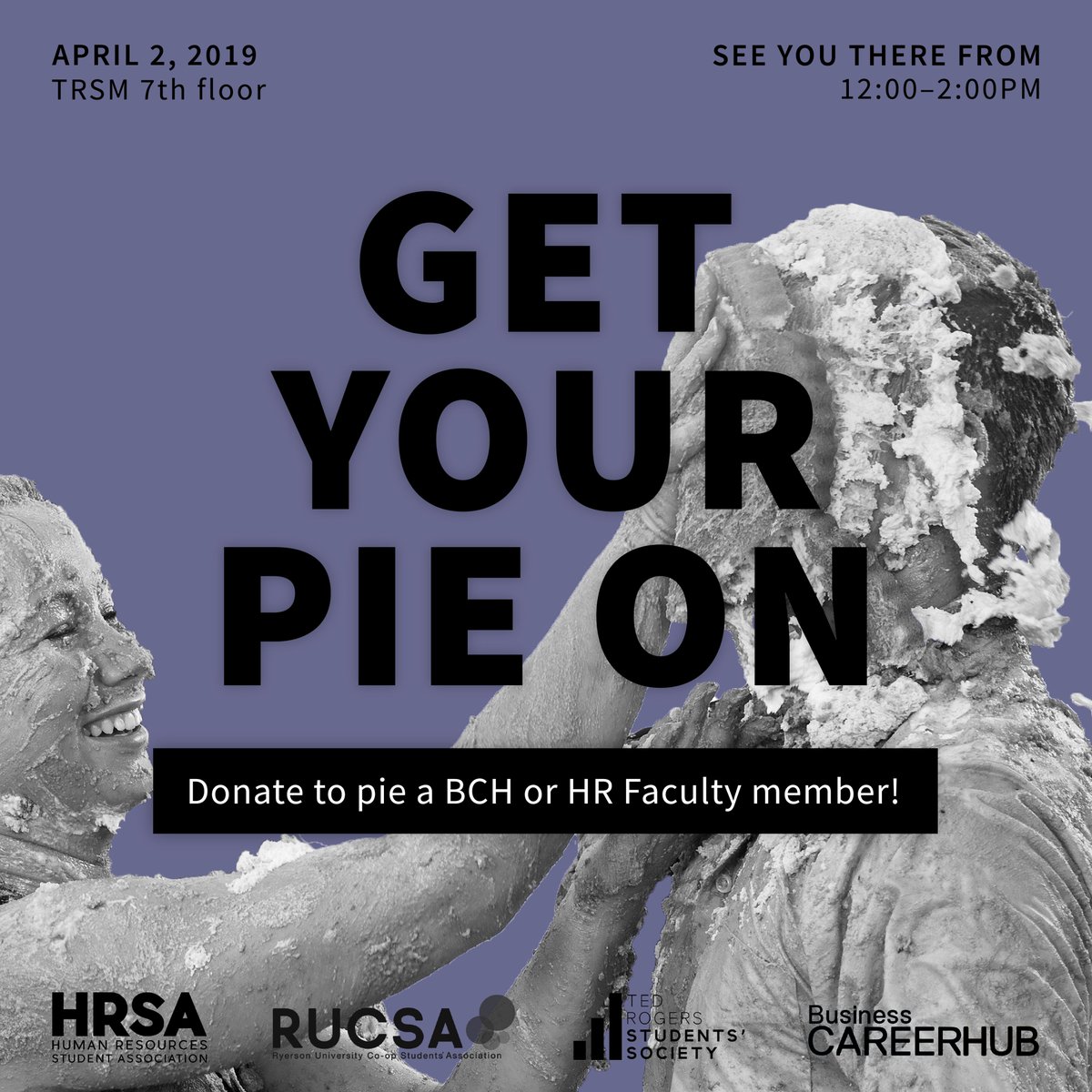 Come out to the 7th floor on April 2 from 12 to 2 pm to donate money to CAMH and throw whipped cream pies at RUCSA and HRSA members, along with @TRSMcareers and HR Faculty members!

Visit here to donate to the joint collaboration between RUCSA and HRSA: give.camh.ca/site/TR/OBN/On……