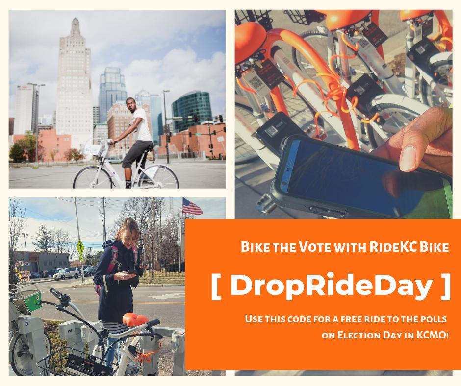 Tomorrow is Election Day! Get a free <a href="/RideKCBike/">RideKC Bike</a> ride to the #KCMO polls on Tuesday, 4/2/20! For E-bikes: Use "DropRideDay" on the <a href="/dropmobility/">Drop Mobility</a> App for a 20 min ride credit. For Pedal Bikes: Use "DropRideDay" on the BCycle App for a 30 min Walk Up Pass.