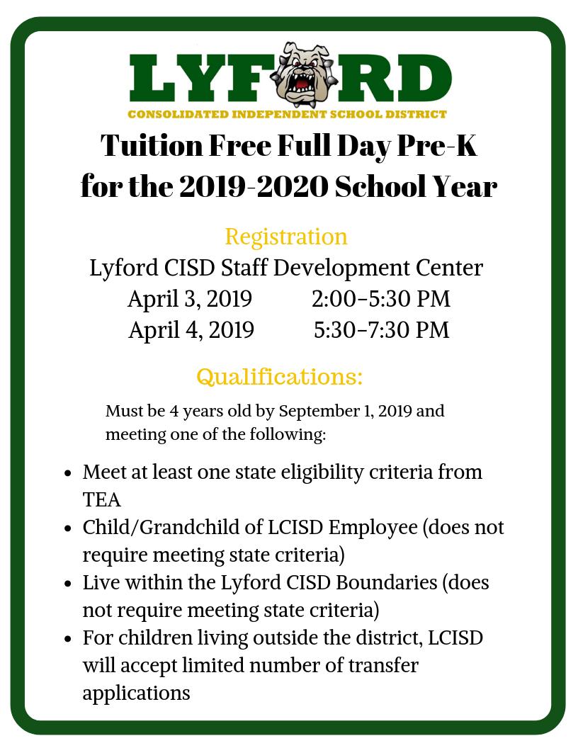 lyfordcisd's tweet photo. Research shows that Pre-K programs provide ALL students with the opportunity to achieve at high levels in both reading and math.
Lyford CISD is pleased to announce Tuition-Free Full Day Pre-K beginning in the 2019-2020 school year. 
#les #beabullpup #freeprek #fulldayprek https://t.co/knHVVYbqjU