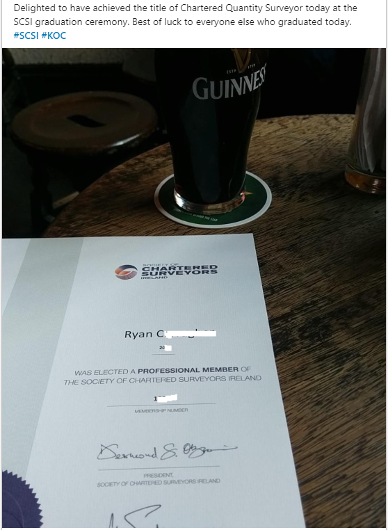 AidoOc's tweet photo. Ryan celebrating a well earned 🍻 having passed #APC and graduating #MSCSI, immense pride in the profession &amp; a job well done. 

Our QS BSc is accredited, and this is what counts, well done Ryan et al, Gr8 image👨‍🎓

(posted for anybody just aiming for a pass next month) #AimHigher https://t.co/CbdsDG1KmB
