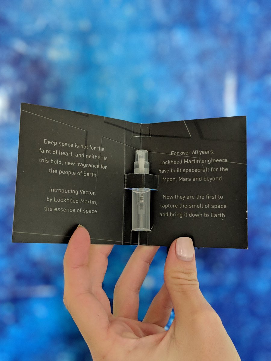 TheSpaceGal's tweet photo. What does space smell like? With the help of Space Shuttle Discovery pilot Tony Antonelli, @LockheedMartin has bottled the SMELL OF SPACE with their new fragrance, Vector. 🚀 😂 #itsactuallyreal  https://t.co/S6GS1dWCQl https://t.co/dC7BwX9B5h