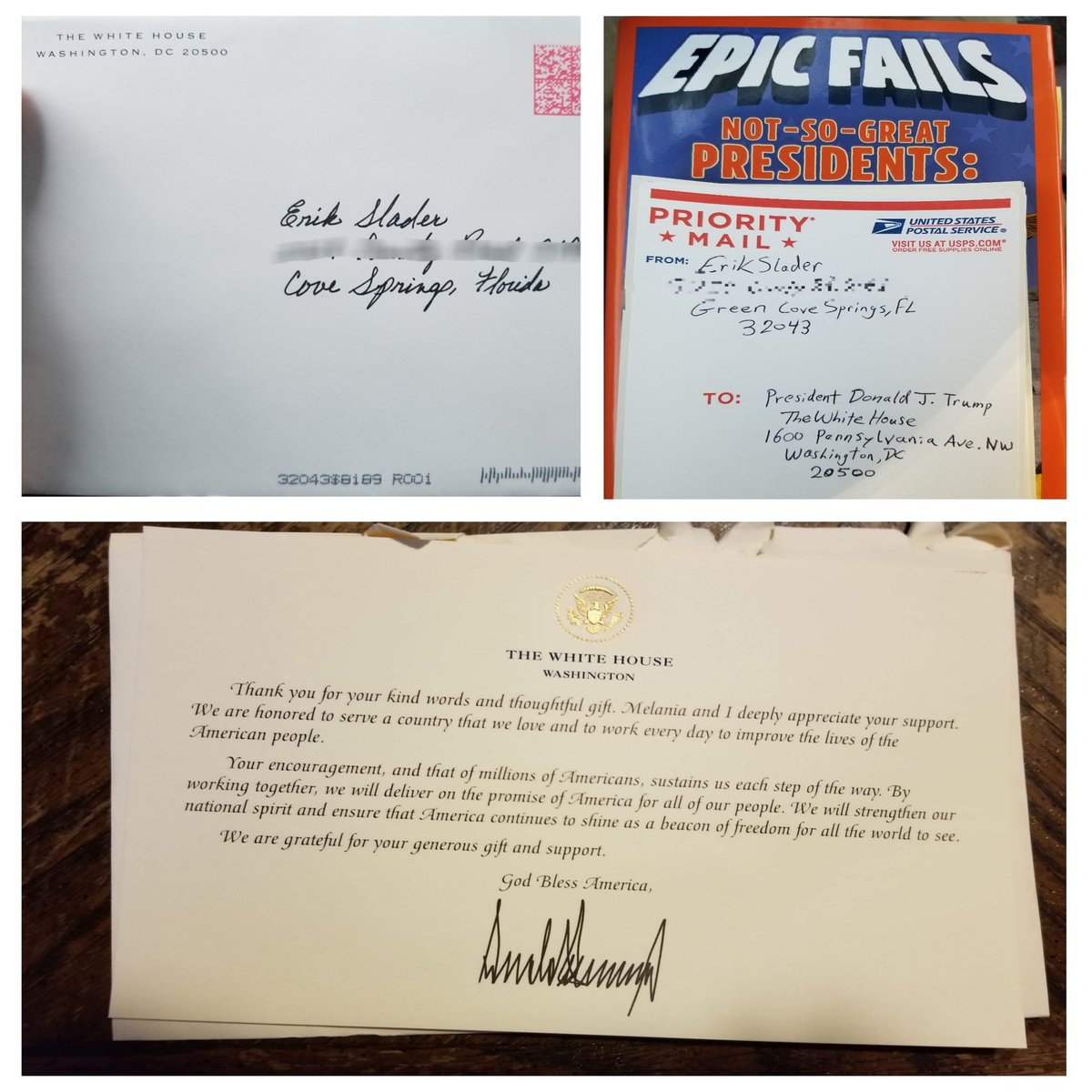 ErikSlader's tweet photo. So I recently sent all the living Presidents copies of my book, "Not So Great Presidents" and one of them responded... @realDonaldTrump

#notanaprilfoolsprank #EpicFailsBooks https://t.co/2DLI7p2Otl
