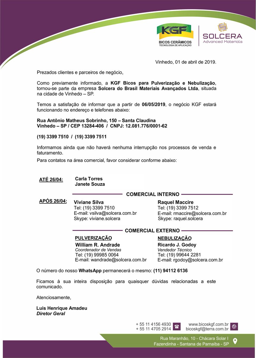 Comunidado de Mudança KGF / Solcera