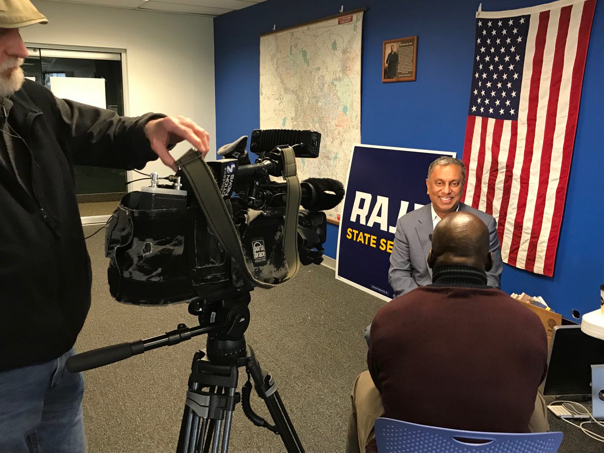 PAGOP's tweet photo. .⁦@RajaForSenate⁩ doing an interview with ⁦@WTAE⁩ in between campaign stops on a busy day before Election Day! Remember to vote on April 2nd! #TeamRaja https://t.co/Trtqzw0uUZ