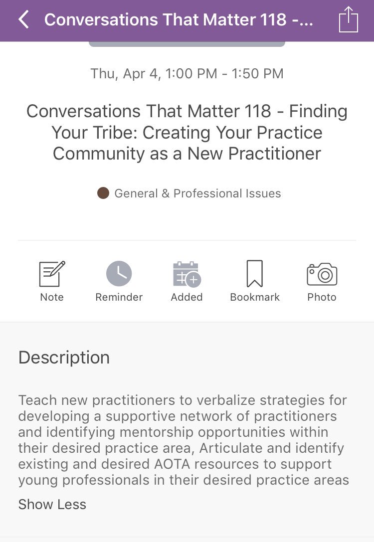 DrMoChabOT's tweet photo. New grads and students: come by this Conversation That Matters and talk with your Young Professionals Coordinators! We can’t wait to meet you! #AOTA19 #OTstudents #OTNewGrads https://t.co/SJoSmC0LHK