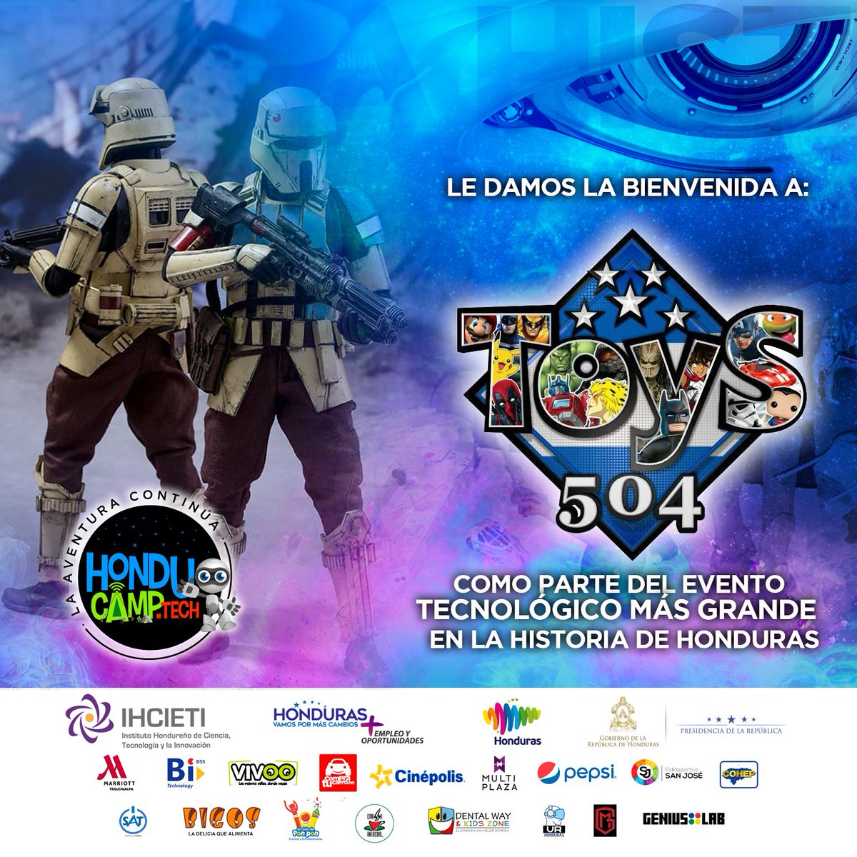 honducamptech's tweet photo. Le damos la bienvenida a Toys504 al Evento Tecnológico más grande en la historia de Honduras.

Reservá tu cupo en  y vení a recordár y disfrutár de la mejor colección de figuras de acción del país.
https://t.co/dlxBSwZ8DE #HT2 #Honducamp #VosDale https://t.co/XfUWuygVJO