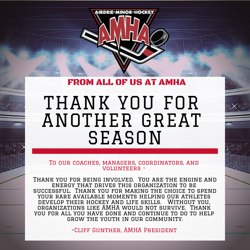 HockeyAirdrie's tweet photo. That's a wrap! Hard to believe that our season has come to an end.
AMHA's President, Cliff Gunther, has put together a year-end message to thank all those involved for their hard work. We look forward to seeing you all next year! #AMHABuilt #AMHAGrown
https://t.co/YOsxpkQRc4 https://t.co/rqdkPNw9SU