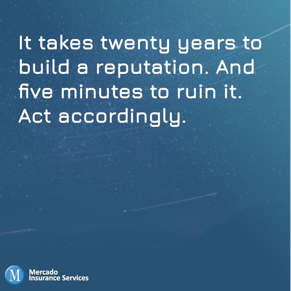 It takes twenty years to build a reputation. And five minutes to ruin it. Act accordingly.
#MotivationMonday #InspirationalQuotes #Motivation #Inspiration 
#mercadoinsuranceservices #mercado #insurance #businessinsurance #smallbusiness #business #smallbusinessinsurance