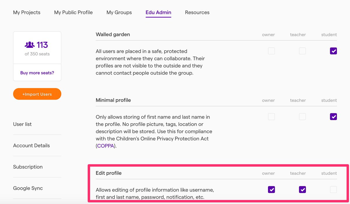 msmeredithallen's tweet photo. Two really great updates to our @soundtrap Edu Admin page as of this morning! You can now adjust who can change user details AND sort by last log-in. Woooo! #techedchat #musiced #musedchat #musiceducation #podcasting https://t.co/SXslmzDuf5