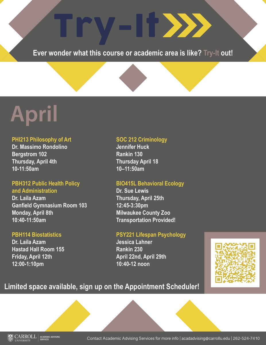 Our fabulous faculty are opening up their classes to YOU!!!
The Try-It Program is back and ready for you to ‘try-it’ by attending and participating/observing/learning from the course!! 
my.carrollu.edu/ICS/Advising_a… #carrollu #CUExplore #FuturePio #PioSoc <a href="/CarrollU_OIE/">Carroll U OIE</a> <a href="/CU_Advising/">CU AdvisingCenter</a>