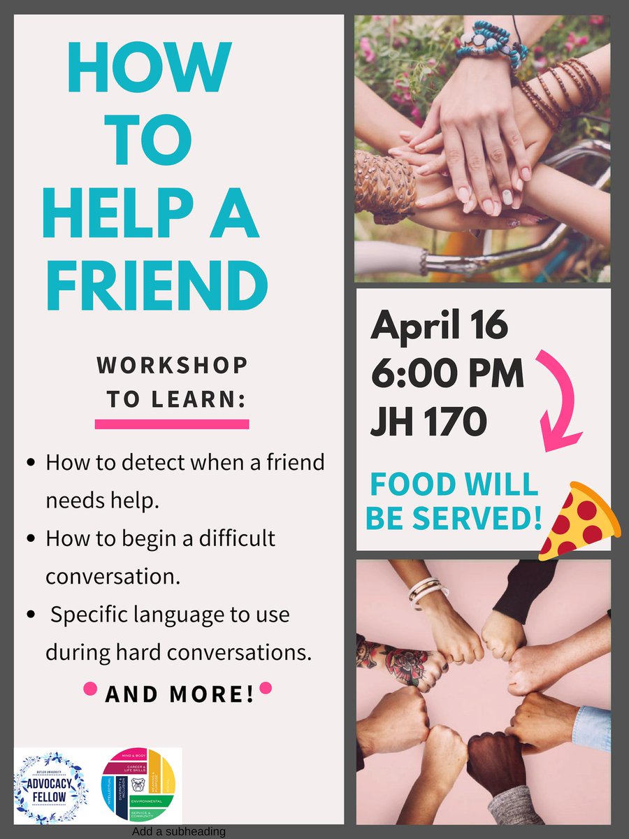 ButlerTIXCoord's tweet photo. Here @butleru, we look out for each other. Sometimes it can be difficult to know how to reach out to a friend who seems to be struggling.

Join us next Tues at 6pm in JH 170 to gain tools to help a friend in need. Hosted by @fellow_bu &amp; Counseling &amp; Consultation Svcs. #ButlerSAAM https://t.co/6ZvR9p8nWJ