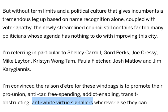 I’m convinced the raison d’etre for these windbags is to promote their pro-union, anti-car, free-spending, addict-enabling, transit-obstructing, anti-white virtue signallers wherever else they can.