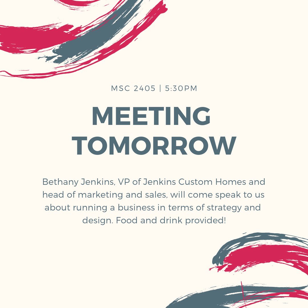 SCA_TAMU's tweet photo. Our last meeting for the semester is tomorrow night! Our guest speaker, Bethany Jenkins, will be discussing marketing and sales. Food and drink provided https://t.co/PV8YSNgI0g