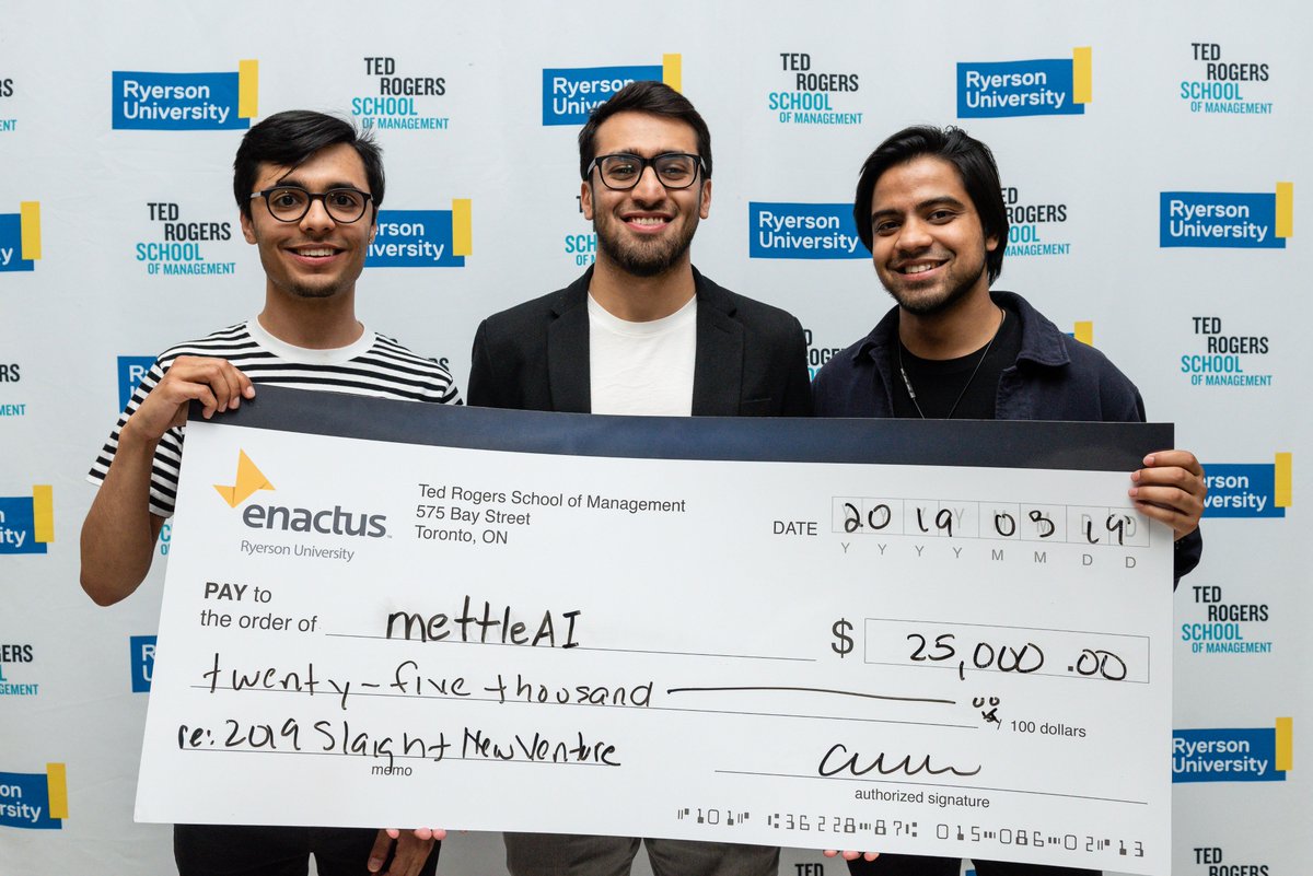 trsmtorontomet's tweet photo. Congratulations to the TRSM student teams behind startups Travelot and mettleAI for each winning $25,000 in the Slaight New Venture Competition, hosted by StartMeUp @ Enactus Ryerson, on March 19, 2019. Way to go! https://t.co/kvOh5ctM9q #ThisisTRSM https://t.co/pWU6bdAcjA