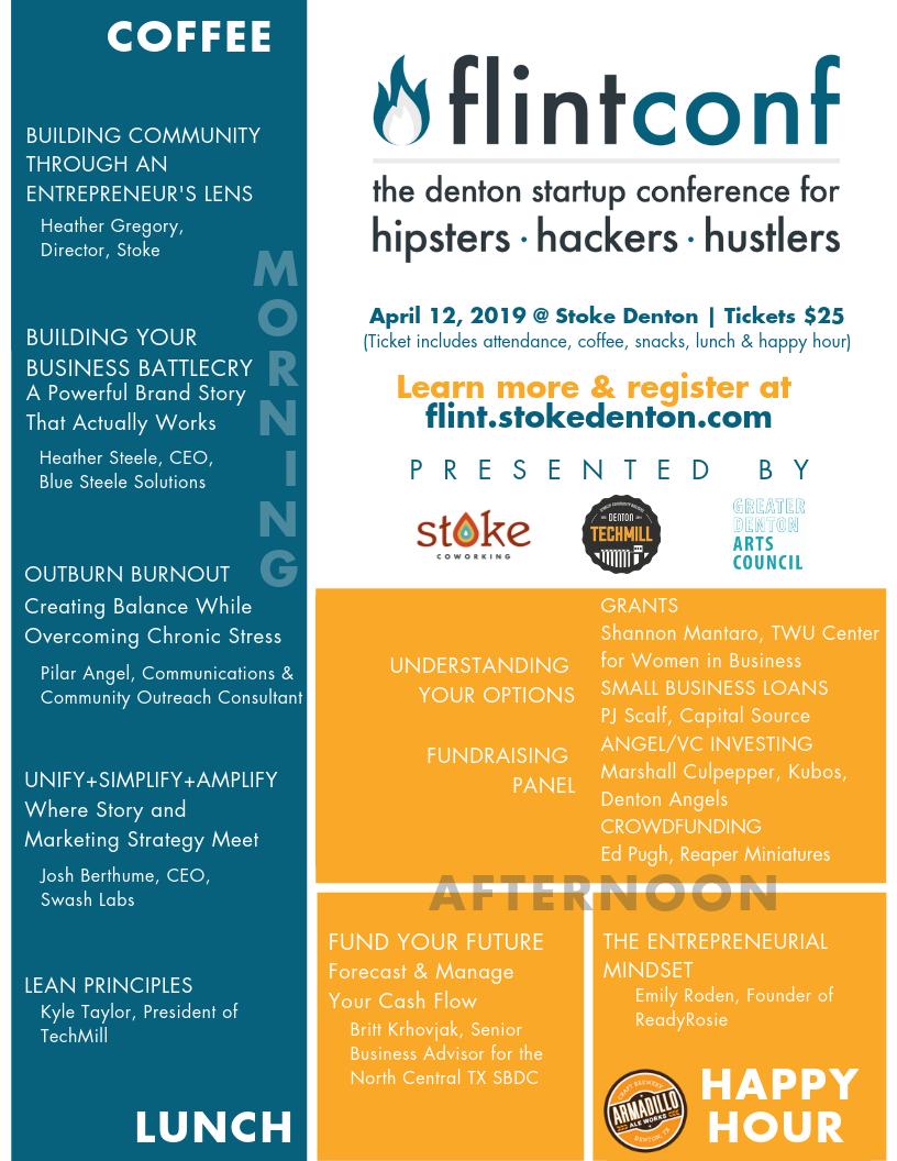 marshall_law's tweet image. The schedule is live for Denton&apos;s 1st startup tech conference, FlintConf! I still remember when Dave Sims and I got up on stage at Rubber Gloves to talk about how cool this would be
Go @StokeDenton @TechMillDenton and the entire team!
eventbrite.com/e/flintconf-ti…
