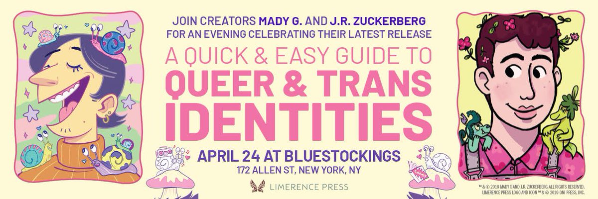 bluestockings's tweet image. We're so excited to be hosting the book launch for Quick &amp;amp; Easy Guide to Queer and Trans Identities on the 24th with @MadyGComics and J.R. Zuckerberg! If it's not already clear by this banner, this comic is goregous and we can't wait for you to see it! 💖 💖 💖