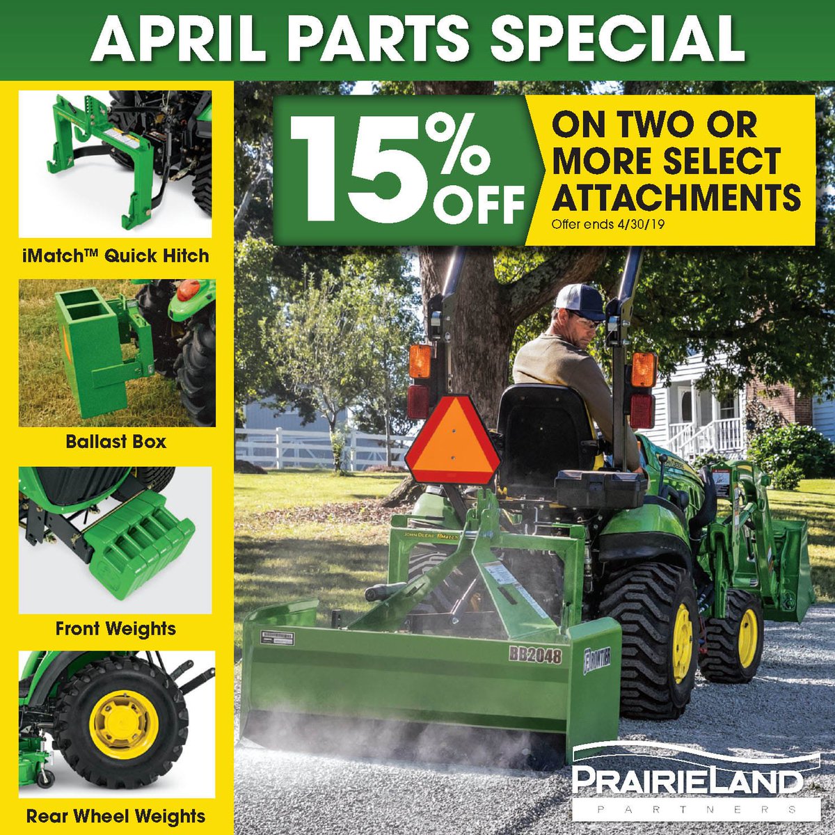 PrairieLandJD's tweet image. It’s time to get to work around your property or pastures, mow down tall grass or fix your gravel roads. Let John Deere attachments help. Visit our PLP parts department for details on our April Parts Specials. 

#PartsSpecial #RotaryCutter #Attachments #PLP