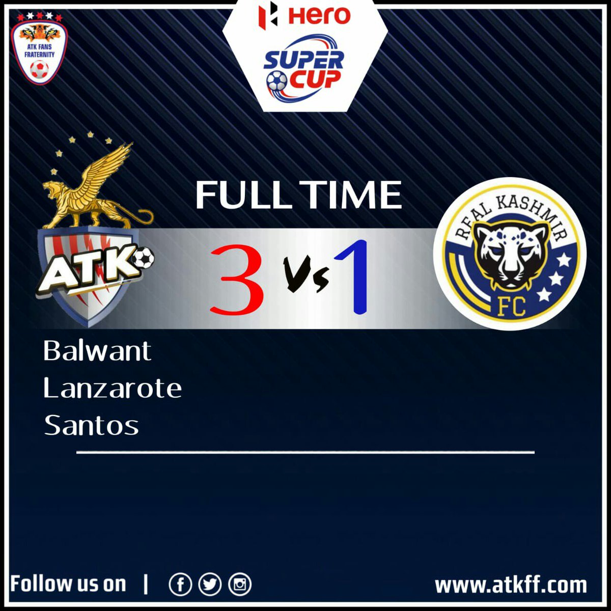 atkff14's tweet photo. @ATKFC progressed into the quarter final after winning against Real Kashmir... 
#AIFF
#HeroSuperCup
#ATKvRKFC
#AamarBukeyATK #BanglaBrigade https://t.co/DFLsxkbnTf