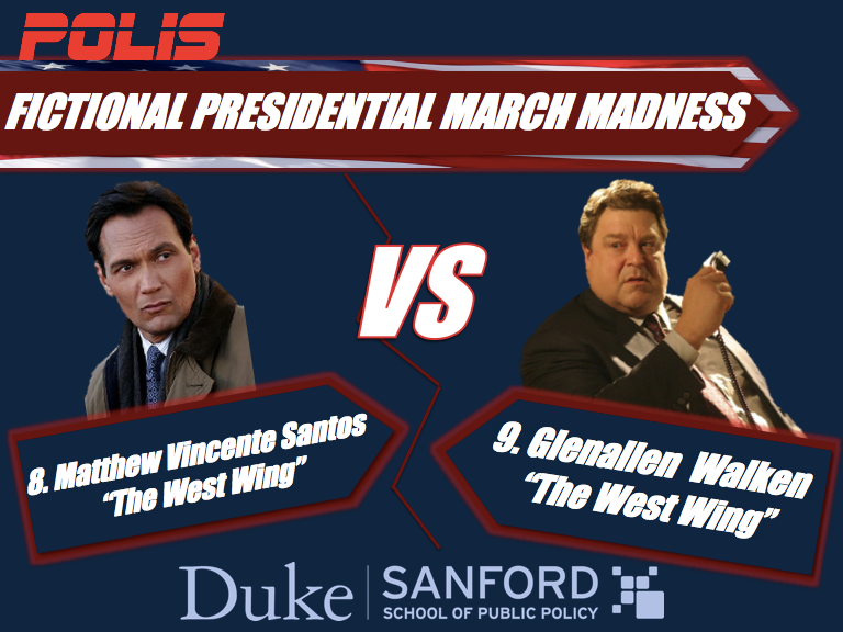 PolisAtDuke's tweet photo. Fictional Presidential March Madness -- And now, a "West Wing" battle for the ages: 8-seed Matthew Vincente Santos (Jimmy Smits) vs. 9-seed Glenallen Walken (John Goodman). The drama of the Drama Region is getting way too real. #AprilFoolsDay #FPMM #MarchMadness #AprilFools https://t.co/SLHNIpHJjC