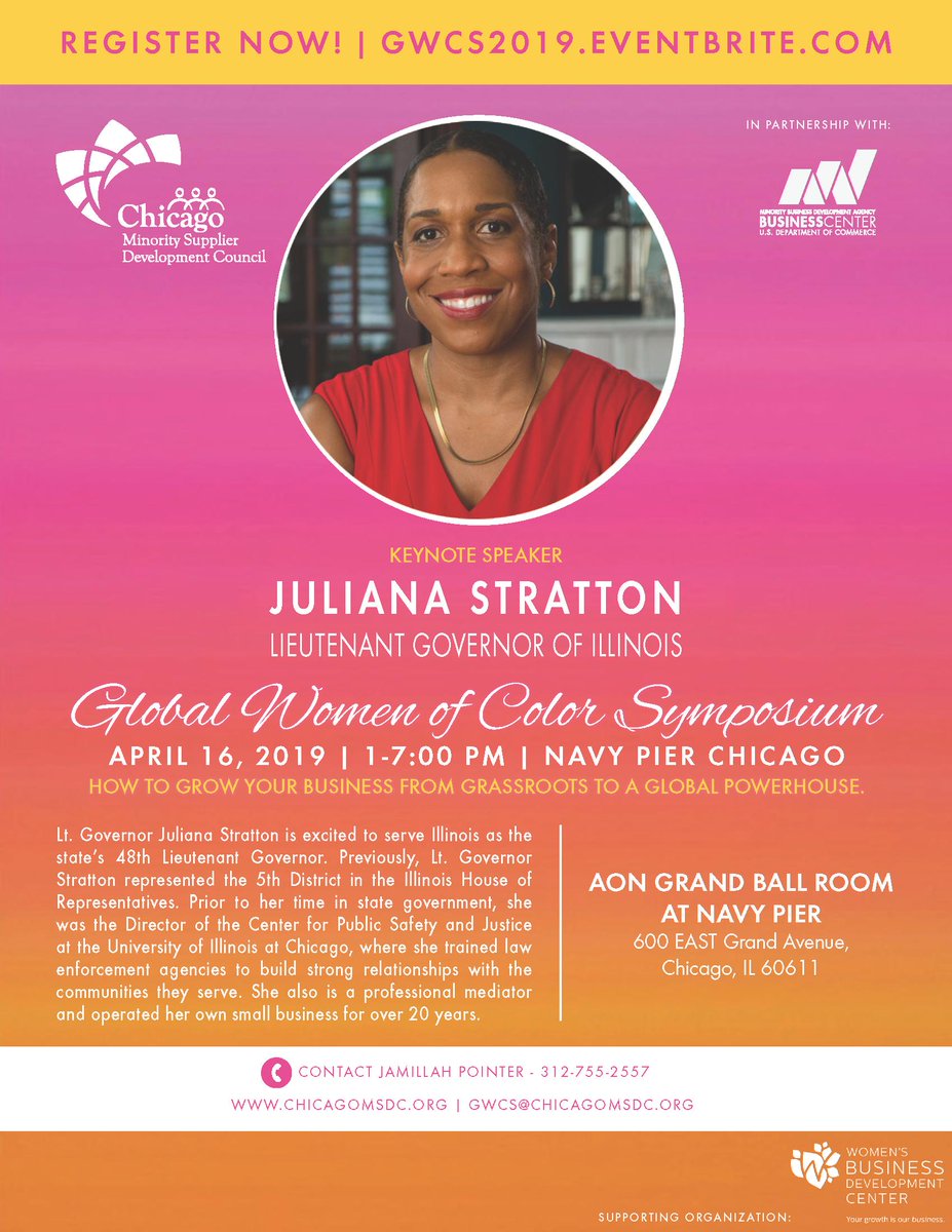 WBDC's tweet photo. Join our partners @ChicagoMSDC on April 16 for their Global Women of Color Symposium! Learn how to grow your business from grassroots to a global powerhouse from keynote speaker Juliana Stratton, Lieutenant Governor of Illinois. Register today: https://t.co/eBSHUbiX1J #GWCS2019 https://t.co/h5pTXCh8Zt