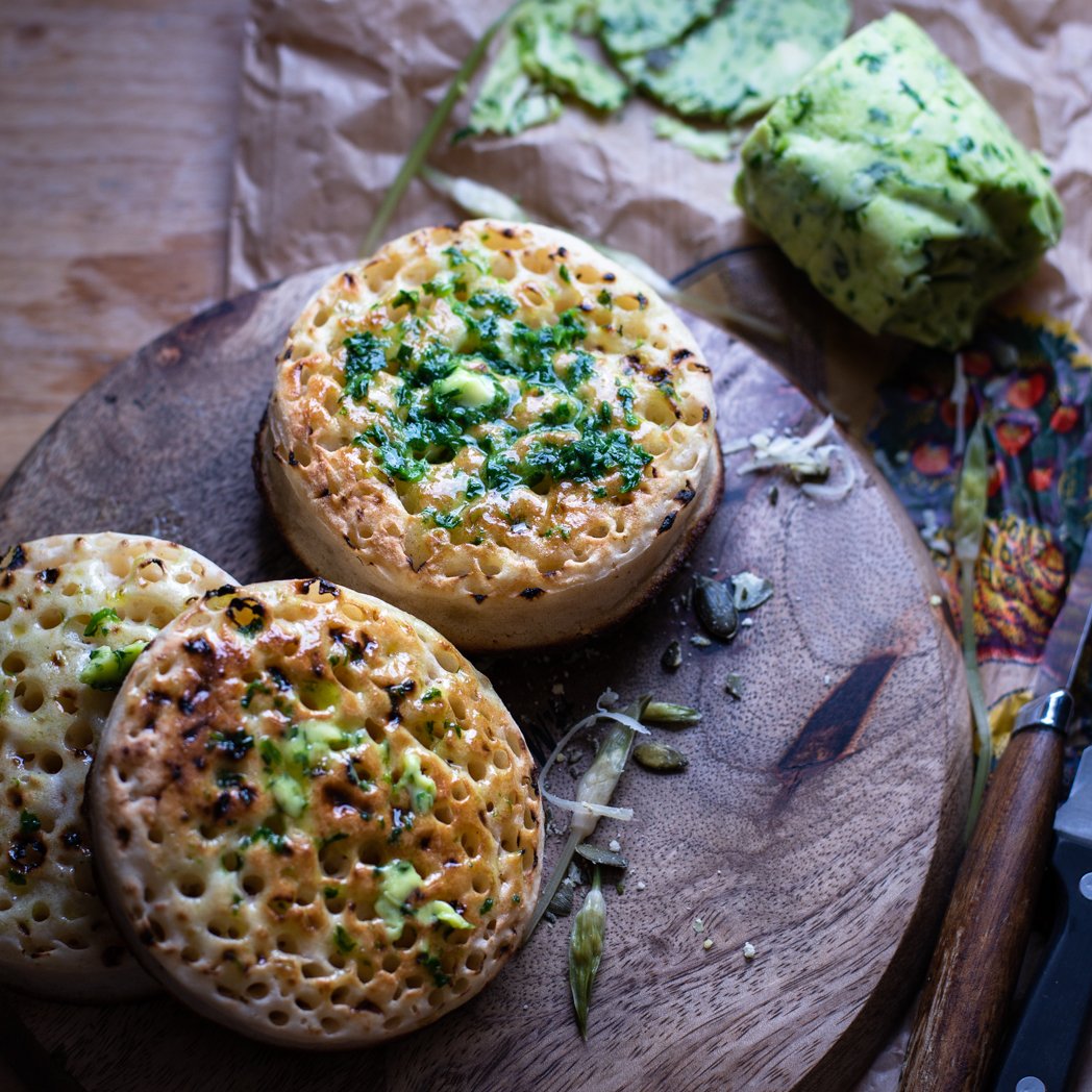georgescu_r's tweet photo. Such a treat - wild garlic butter on crumpets! https://t.co/Fr3CFaBwpm