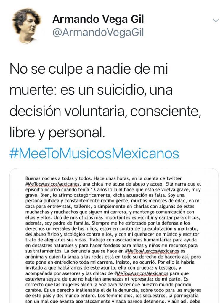 SoyRaulFlores's tweet photo. La @PGJDF_CDMX inicia una investigación por homicidio culposo, por otras causas por el suicidio de @ArmandoVegaGil. Van tras @meetoomusicamx cuenta que ya fue cerrada. https://t.co/yljn4v8Pc3