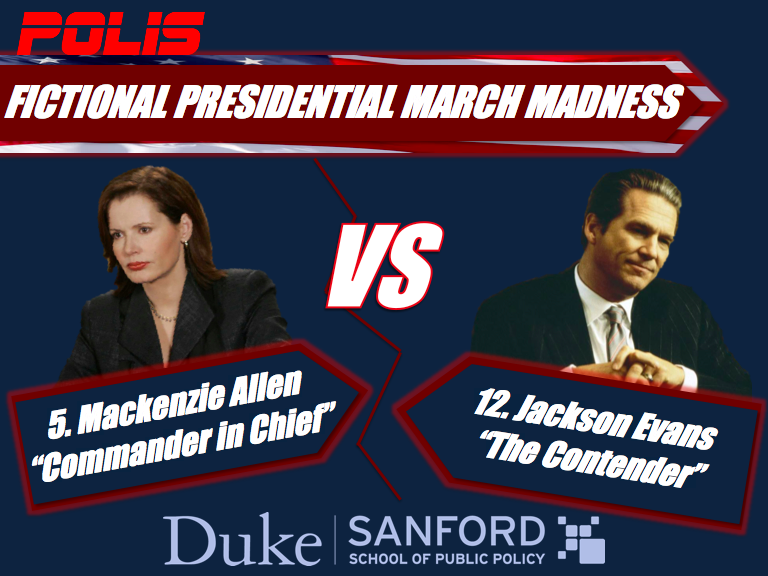 PolisAtDuke's tweet photo. Fictional Presidential March Madness -- The Drama Region continues with 5-seed Mackenzie Allen (Geena Davis in "Commander in Chief") competing against 12-seed Jackson Evans (Jeff Bridges in "The Contender"). No cakewalks in this first round . . . #FPMM #MarchMadness #AprilFools https://t.co/j5Jkz0MJSL