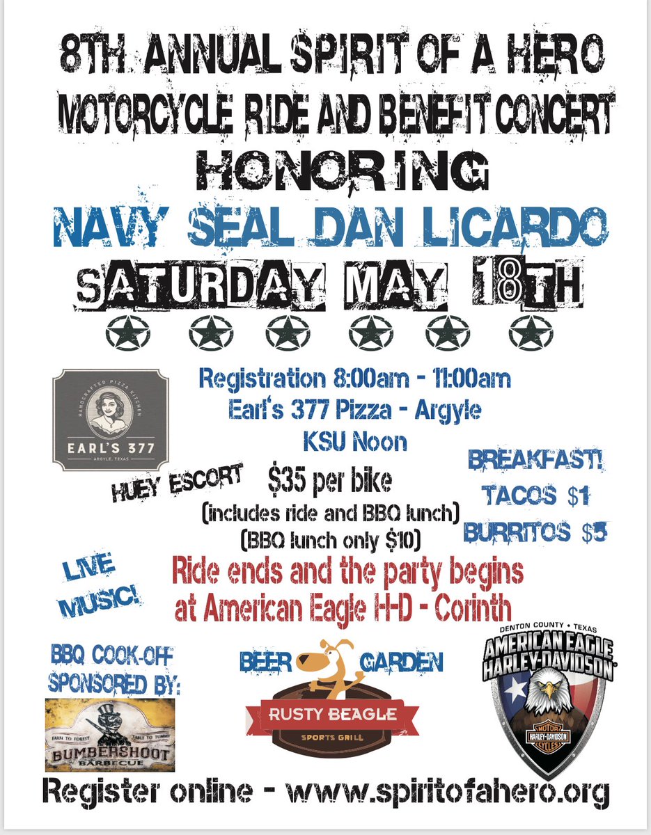 soahtx's tweet photo. Register for the 8th Annual SOAH Ride honoring Navy SEAL Dan Licardo! May 18th! #veterans #whatsyourspirit #motorcycles https://t.co/FGlYOiZ78e