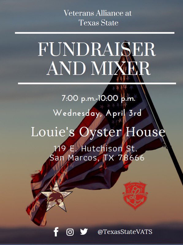 Alyssacox_'s tweet photo. Our event is this Wednesday!!! Come out to @Louiessmtx from 7-10 p.m. to support VATS, enjoy live music, great food and drinks. Plus we will be raffle off some great prizes!!!! #TXST #SupportVATS https://t.co/hcDLdVHR6T