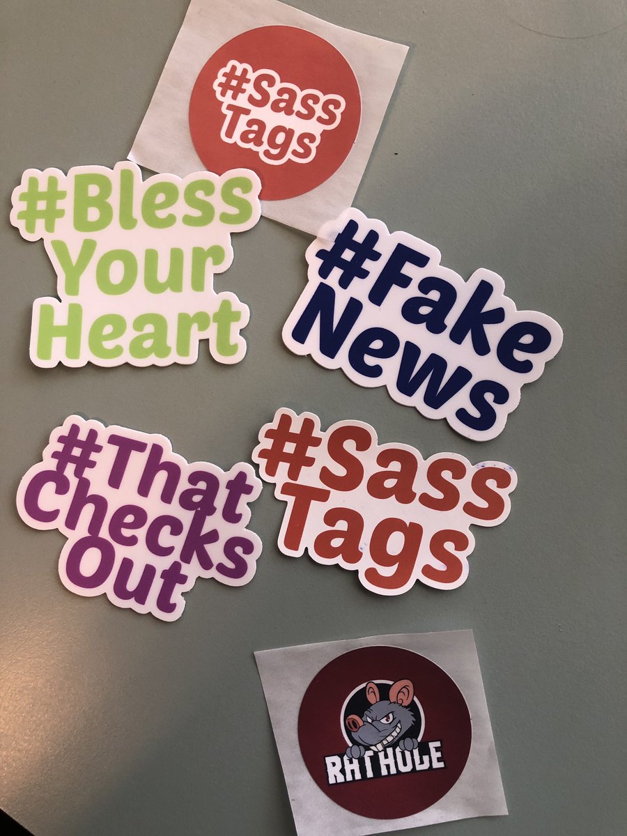 _reviewmypaper's tweet photo. Just got my @SassTags (and @ratholepodcast) stickers in the mail and this isn’t #FakeNews. Can’t wait to decorate my computer!! #SassTags #ThatChecksOut #BlessYourHeart https://t.co/vSwNvlg288