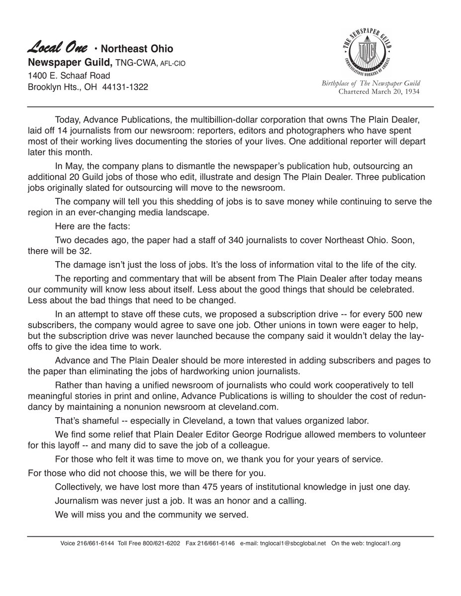 Today The Plain Dealer laid off journalists from our newsroom. The reporting &amp; commentary that will be absent from the paper means our community will know less about itself. Less about the good things that should be celebrated. Less about the bad things that need changed.