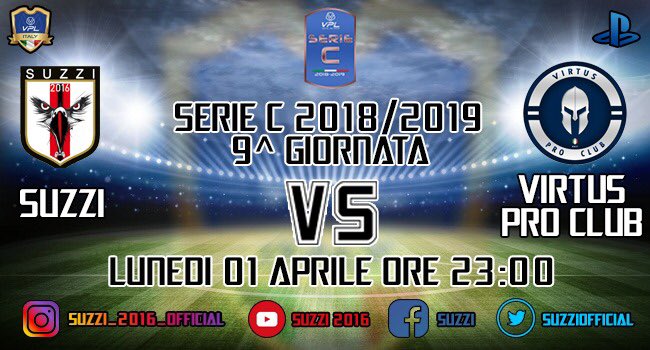 OfficialSuzzi's tweet photo. Questa sera alle ore 23.00 si giocheranno le partite della 9° giornata del campionato #PREMIUM @VPLItaly 
I Suzzi scendono in campo contro i primi della classe i @virtus proclub 
Partita difficile, ci vorrà il massimo impegno e la concentrazione da parte di tutti. 
#avantisuzzi https://t.co/ZROU5Mq4nu