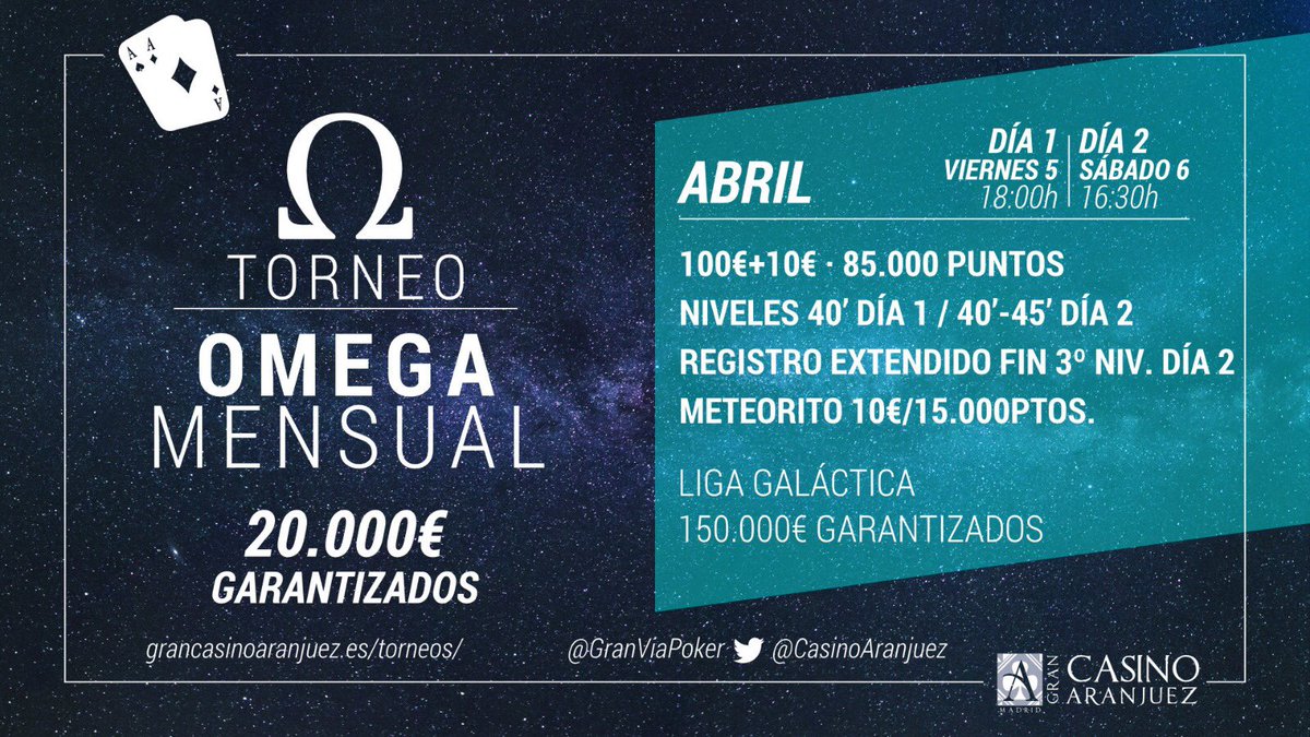 CasinoGVPoker's tweet photo. ¿Quieres jugar GRATIS este finde el gran #OmegaMensual del @CasinoAranjuez ?

Solo tienes que seguir esta cuenta y hacer RT a este tuit. 

   🍀 ¡¡Sorteo este Jueves!! 🍀 https://t.co/M4OPJUUOs7