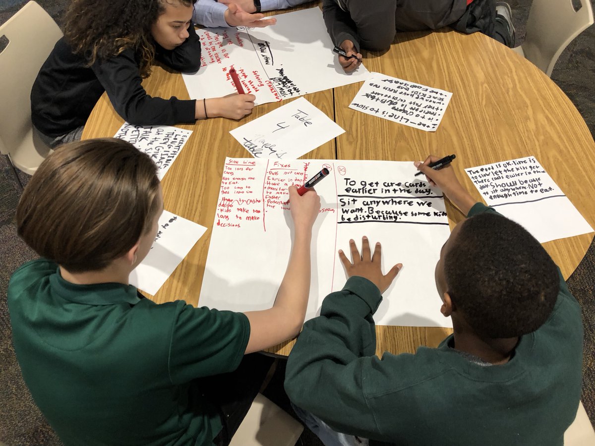 ucscleveland's tweet photo. Bike Shop students use the Design Thinking process to empathize, identify needs, and improve the cafeteria experience.  Later this trimester, they will use the same process to develop our Bike Shop business pitch. Thanks @BDMorganFdn @Ohio @DanTMooreCo #ucspride https://t.co/8OPbMf4aMT