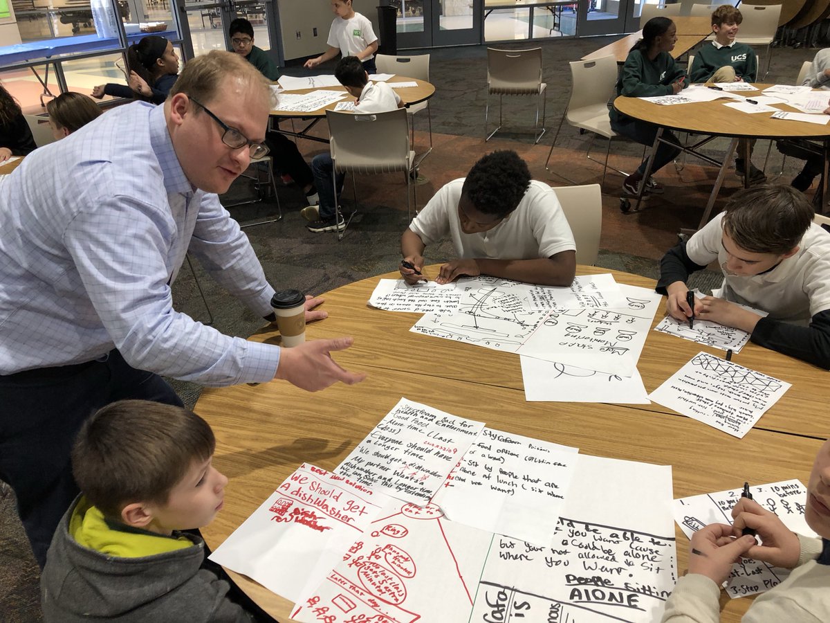 ucscleveland's tweet photo. Bike Shop students use the Design Thinking process to empathize, identify needs, and improve the cafeteria experience.  Later this trimester, they will use the same process to develop our Bike Shop business pitch. Thanks @BDMorganFdn @Ohio @DanTMooreCo #ucspride https://t.co/8OPbMf4aMT