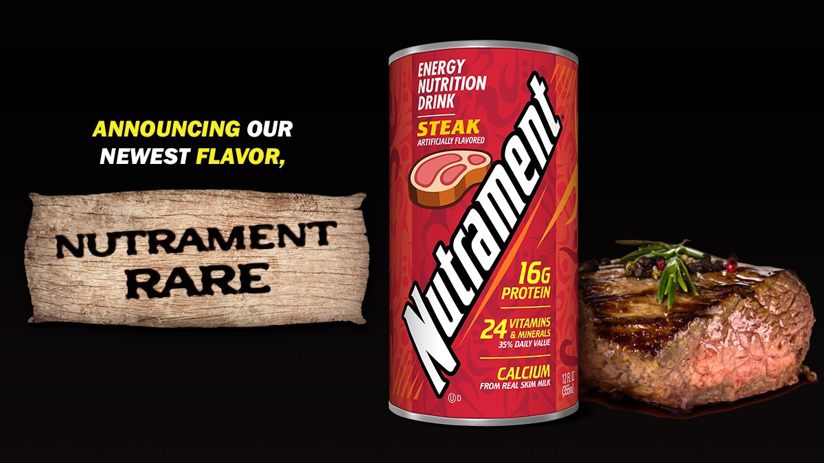 nutrament's tweet photo. Announcing our newest Nutrament flavor: NUTRAMENT RARE! #FuelYourNow with the #beef flavor you love and the #protein you need! 
#AprilFool #NotFoolingAnyone https://t.co/rm0ZDXlNrj