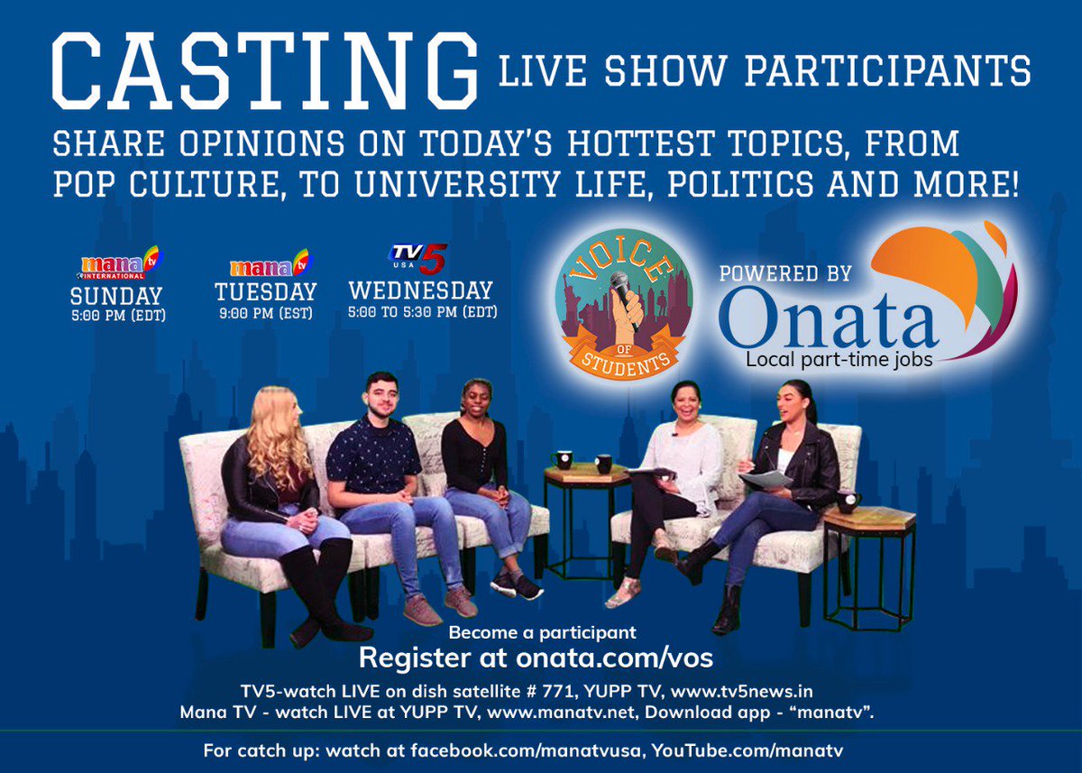 OnataInc's tweet photo. We hope you enjoyed episode three of the Voice of Students, last night. 

If you missed it, don't worry, catch the episode live on ManaTV this Tuesday at 9:00 PM (EST) or on TV5USA this Wednesday at 5:00 PM (EDT). 

#Onata #LocalPartTimeJobs #VoiceofStudents #TalkShow #LiveShow https://t.co/ocDQB9JOjT