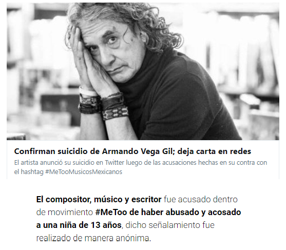 Fenix_Mujica's tweet image. Desconozco que tan culpable o inocente haya sido Armando Vega Gil, pero que un movimiento con "buenas intenciones" en apoyo a personas violentadas cobre la vida de alguien... creo excede el límite de la racionalidad... 😐 #MeeToMusicosMexicanos #BotellitaDeJerez #RockxLaVida13