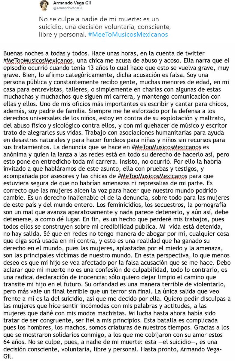 Fenix_Mujica's tweet image. Desconozco que tan culpable o inocente haya sido Armando Vega Gil, pero que un movimiento con "buenas intenciones" en apoyo a personas violentadas cobre la vida de alguien... creo excede el límite de la racionalidad... 😐 #MeeToMusicosMexicanos #BotellitaDeJerez #RockxLaVida13