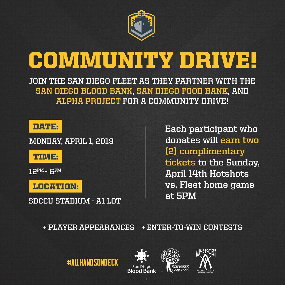 Today at noon at <a href="/sdccu/">SDCCU</a> Stadium!  Join the <a href="/AAFFleet/">San Diego Fleet</a> for this community blood and food drive. ❤ #KKsHeroes