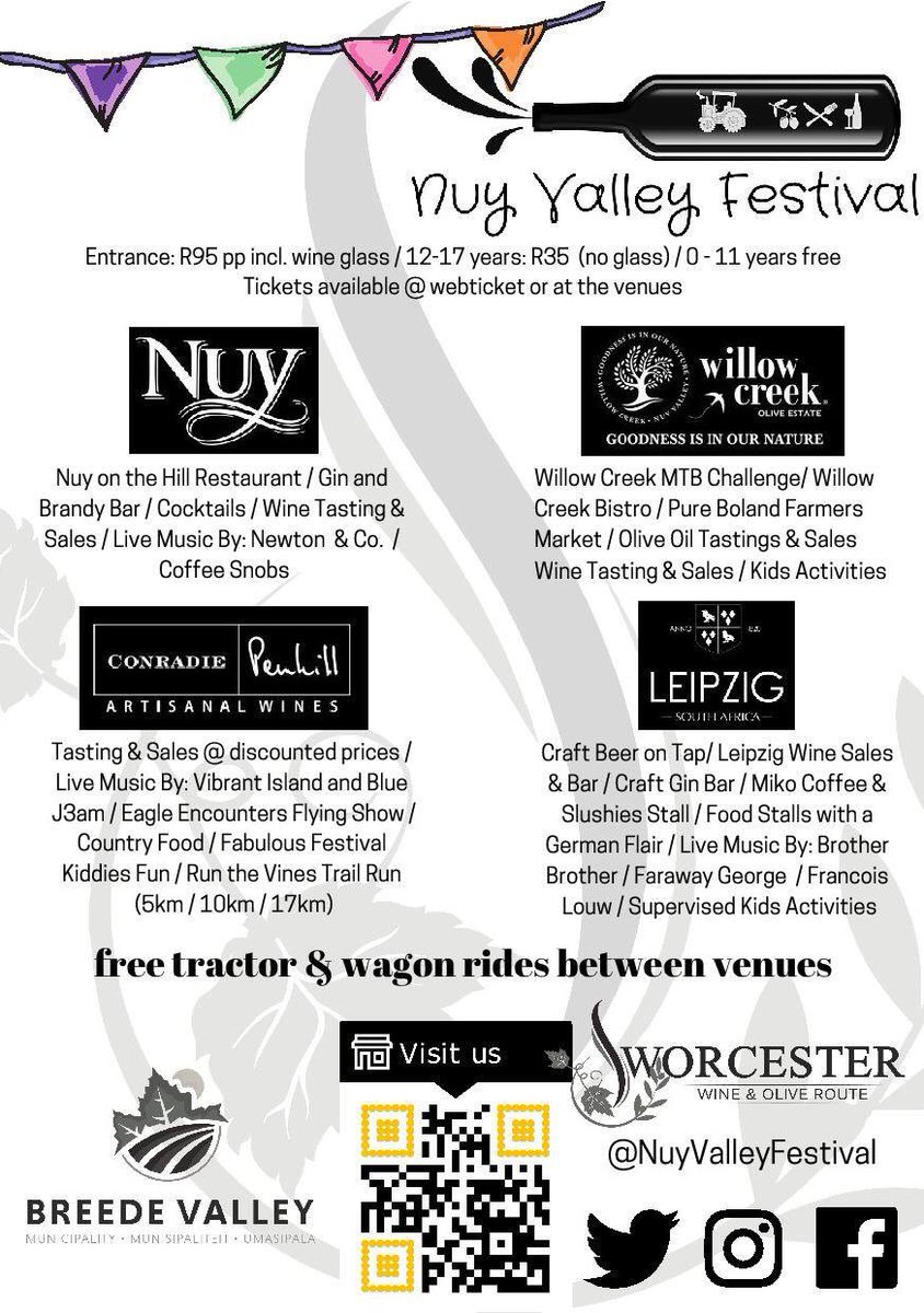 NUYWINERY's tweet photo. Jam packed program for the @NuyValleyFest on 11 May!
Entrance: R95 pp incl. wine glass / 12-17 years: R35 (no glass) / 0 - 11 years free.
Tickets available @webticketsSA or at the venues
Ticket link https://t.co/NaaicIU9zy

#ValleyOfChampions #FamilyFun #MakingMemories https://t.co/OqN5hutT7a