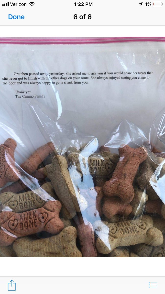 My dad is a mailman and he likes to give dogs on his route treats. Today he told us one of the dogs on his route passed away and his owners gave him this bag of treats with this note 😭