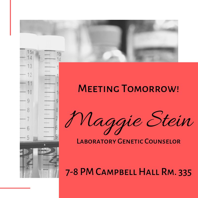 Happy April everybody! Reminder that we will be having a meeting tomorrow, April 2nd at 7-8 Pm in room 335 of Campbell Hall! Come out to hear from laboratory genetic counselor, Maggie Stein! See you all there!🧬