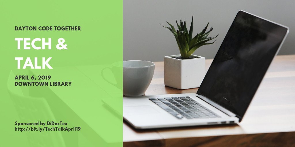 dytcodetogether's tweet photo. Join us for Tech &amp; Talk, sponsored by @Didactex, this Saturday from 10am to noon at the Downtown Library! https://t.co/7SQrbKGCJw https://t.co/IYEGh4BiVZ