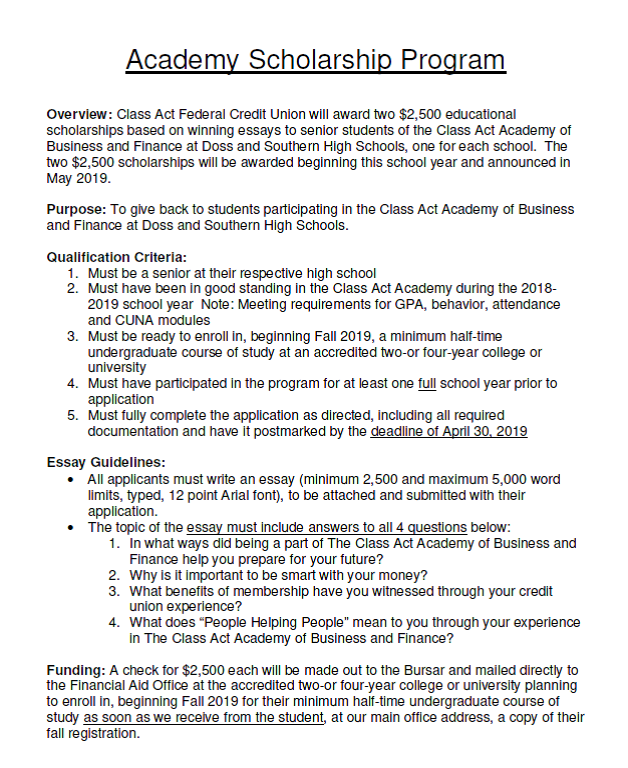 classactfcu's tweet photo. Are you a high school student at Southern or Doss participating in the Class Act Academy of Business and Finance? Apply now for a $2,500 scholarship! Email Mary Jackey at mjackey@classact.org for the application. @doss_business @SHSOurHouse @Doss_High https://t.co/6B6FHt8zZX