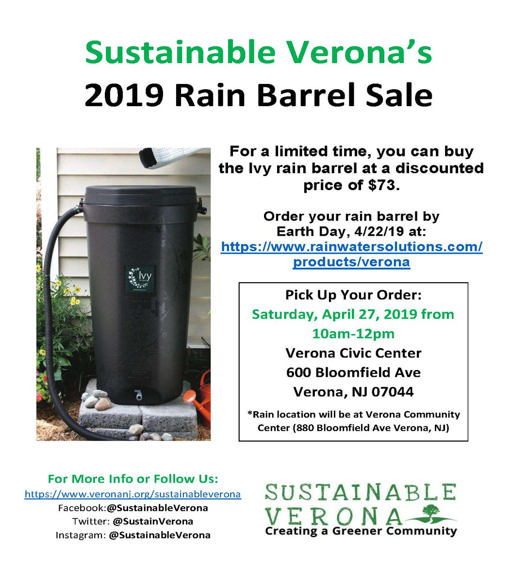 SustainVerona's tweet photo. We are happy to present the 2019 Rain Barrel Sale! 
For a limited time you can buy rain barrels at a discounted price. Pay online today &amp; pick up in the Verona Civic Center on April 27. ORDER ONLINE NOW: https://t.co/BASNiwOV0x. @SJ_Program @SJ_Schools @GreenVeronaNJ @myveronanj https://t.co/sUnFzka6ty