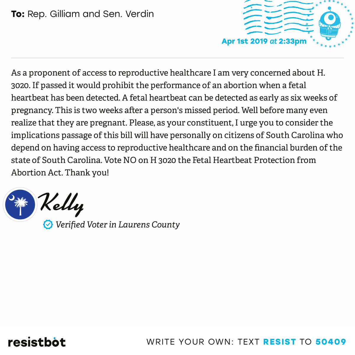 openletterbot's tweet photo. I just delivered this letter from Kelly in Clinton, S.C. to Representative Gilliam and Senator Verdin #scpols #scpolitics #HeartbeatBill https://t.co/A0GugL9w6L