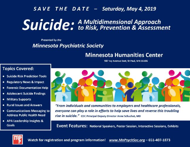 MNPsychSoc's tweet photo. MPS Spring Meetings May 4 - Suicide: A Multidimensional Approach to Risk, Prevention &amp; Assessment - https://t.co/cu01YY0WMI https://t.co/9mEdXMVkmc